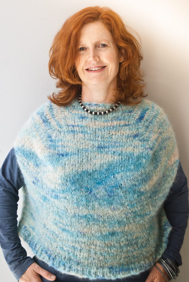 Sleeveless fluffy mohair free knitting pattern by cowgirlblues in colourway shorebreak