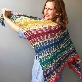 Bridget Henderson wearing the I've Got Sunshine knit shawl