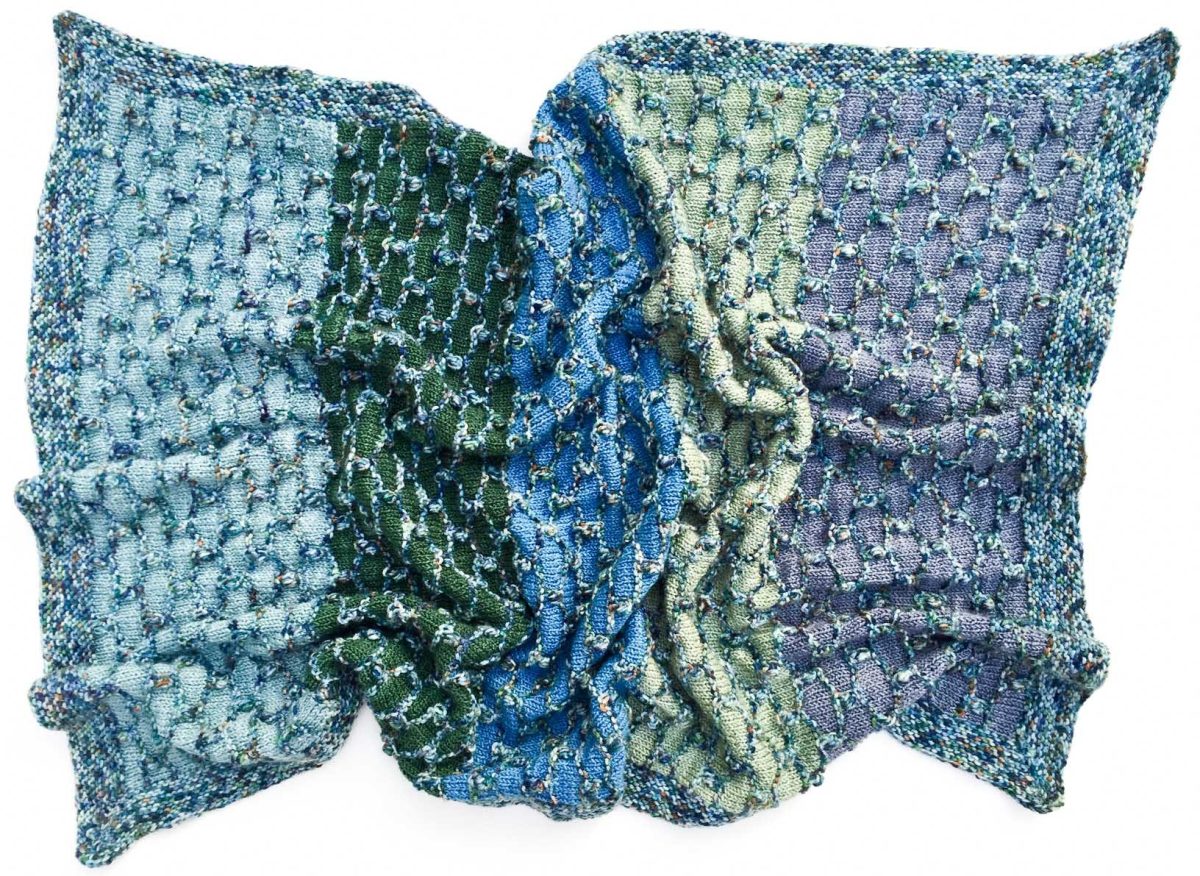 Hand knit baby blanket in Cowgirlblues Merino wool blues and greens