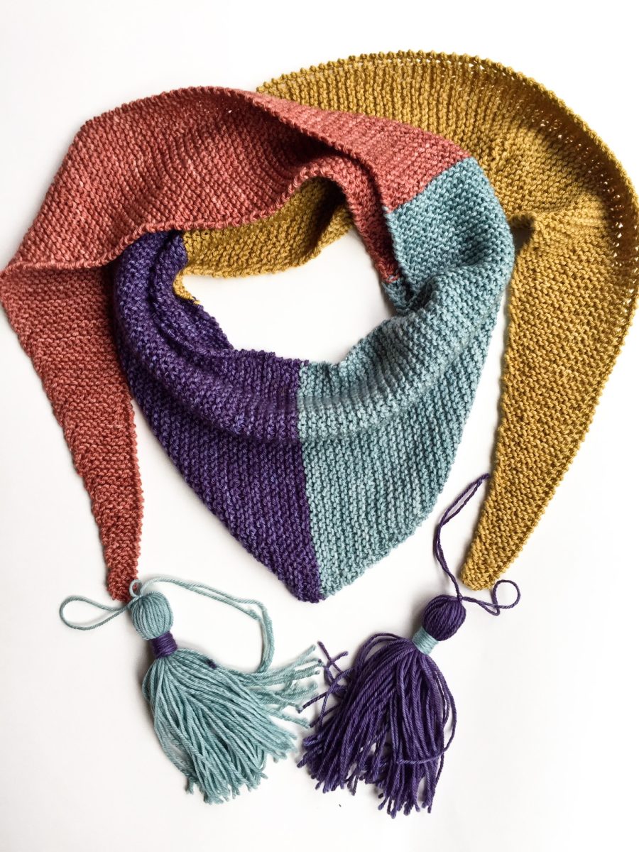 Baktus Scarf hand knit in Cowgirlbues wool Mustard, Aubergine, Celadon, Terracotta with tassels