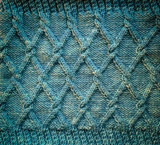Trellis Cable hand knit in Cowgirlblues Merino DK