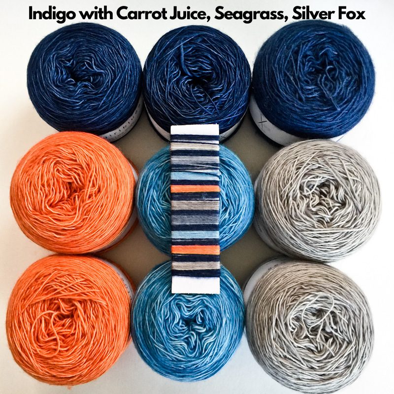 Cowgirlblues Merino Lace Single in Indigo, Carrot Juice, Seagrass and Silver Fox for the Slipstravaganza Shawl