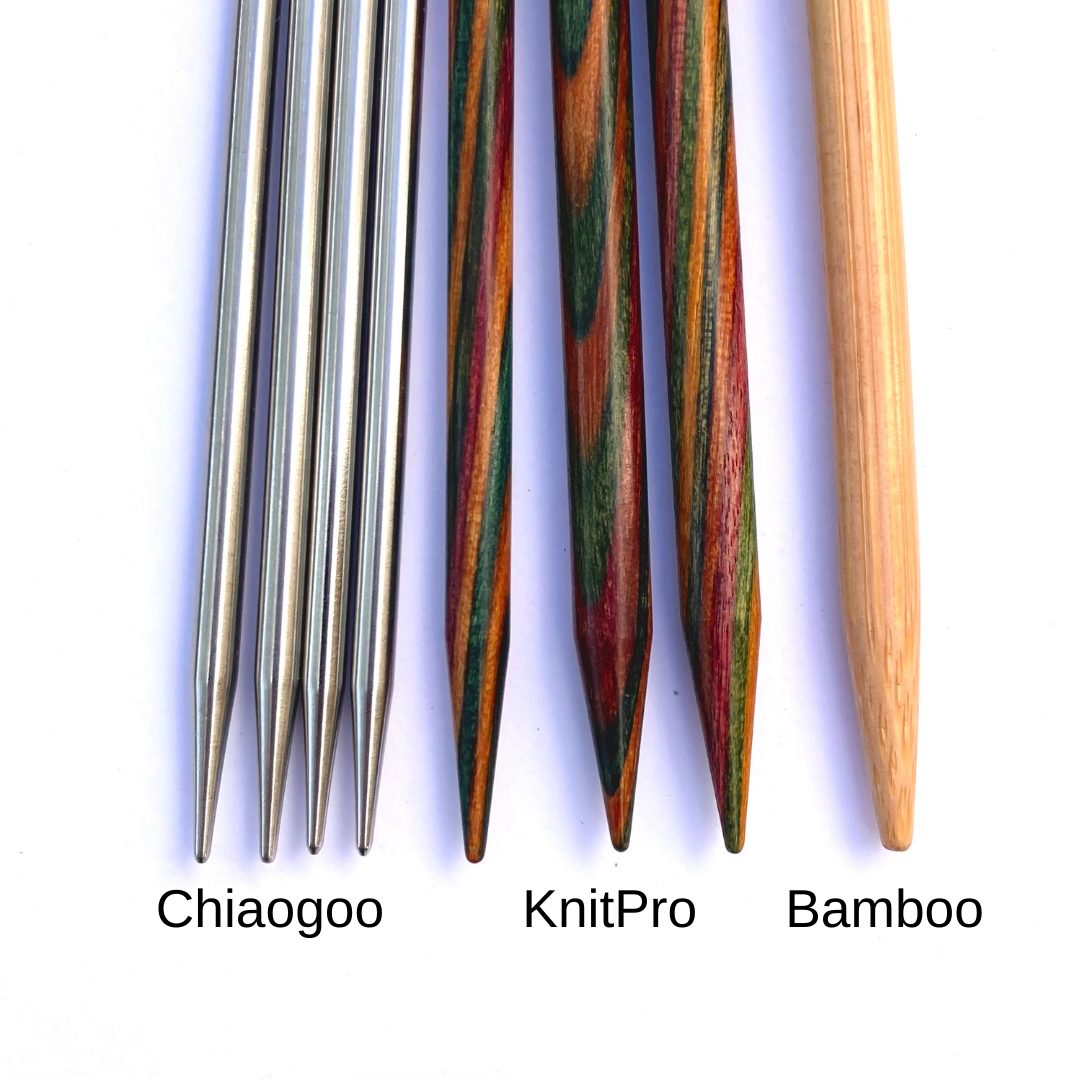 Chiaogoo KnitPro and regular bamboo knitting needle tips in a row