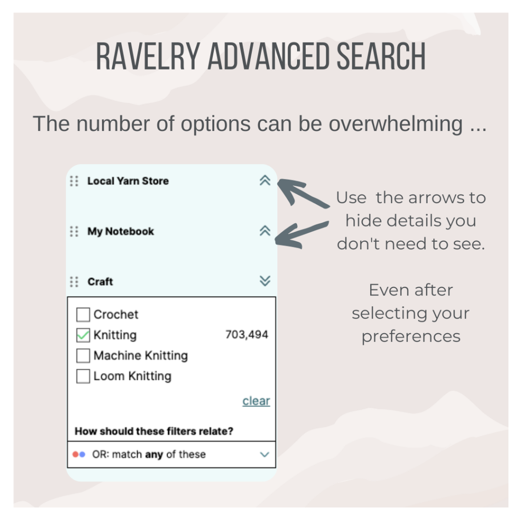 Screenshot of Ravelry's advanced search function showing how to use the arrows to hide options
