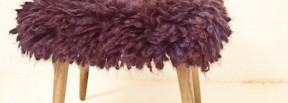 Hand dyed mohair and wool loop knit upholstery on wooden bench with oak turned legs